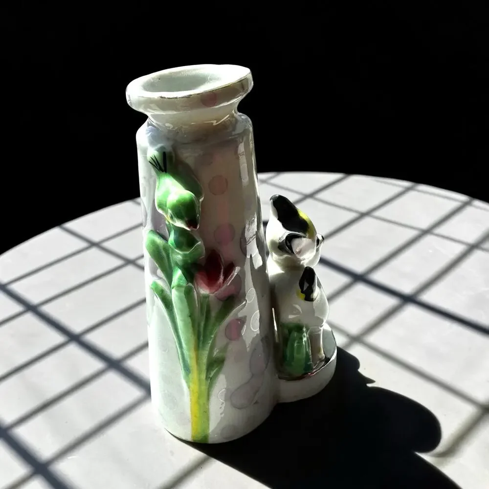 Vintage Made in Japan Ceramic Fawn Deer Bud Vase Figural Tulips Tree Trunk 1950s